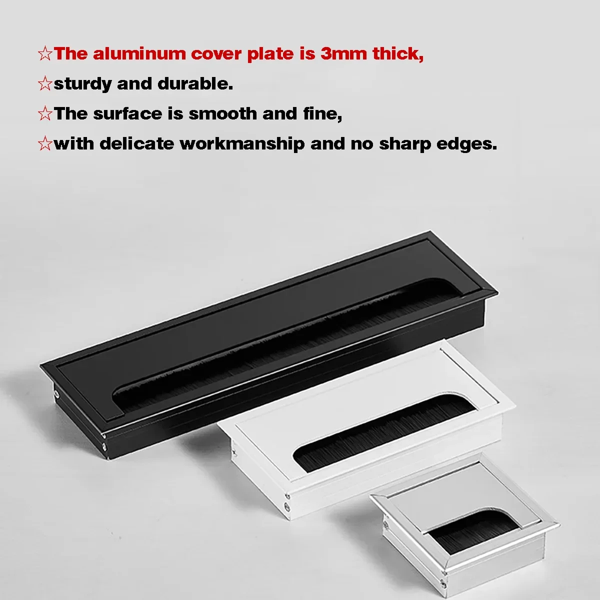 Aluminum Alloy Table Threading Box 80x80mm-1000x120mm With Brush Cable Threading Box With Cable Grommet Hole Cover Outlet Port