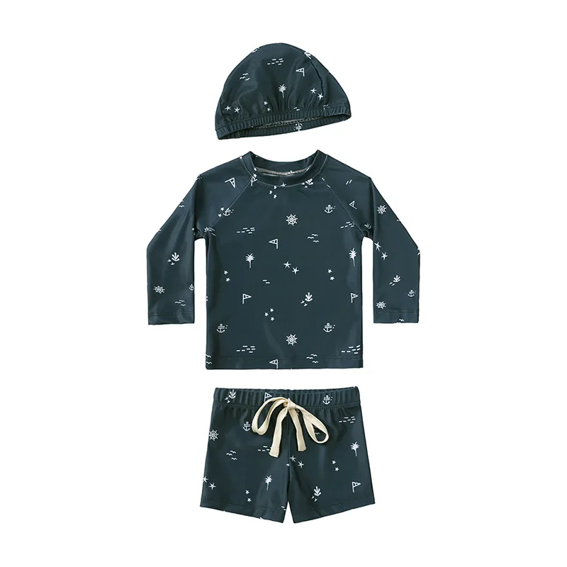 

Модный купальник для мальчиков в бассейне, летние детские купальники с разрезом и длинными рукавами, пляжные штаны для отдыха, топы со шляпой, комплекты для малышей