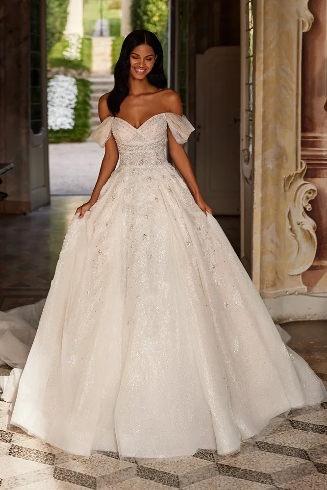 

Customized Princess Glitter beaded tulle wedding Dress 3D flowers Bodice Coreset Long Train Gowns Bridal Vestido de novia