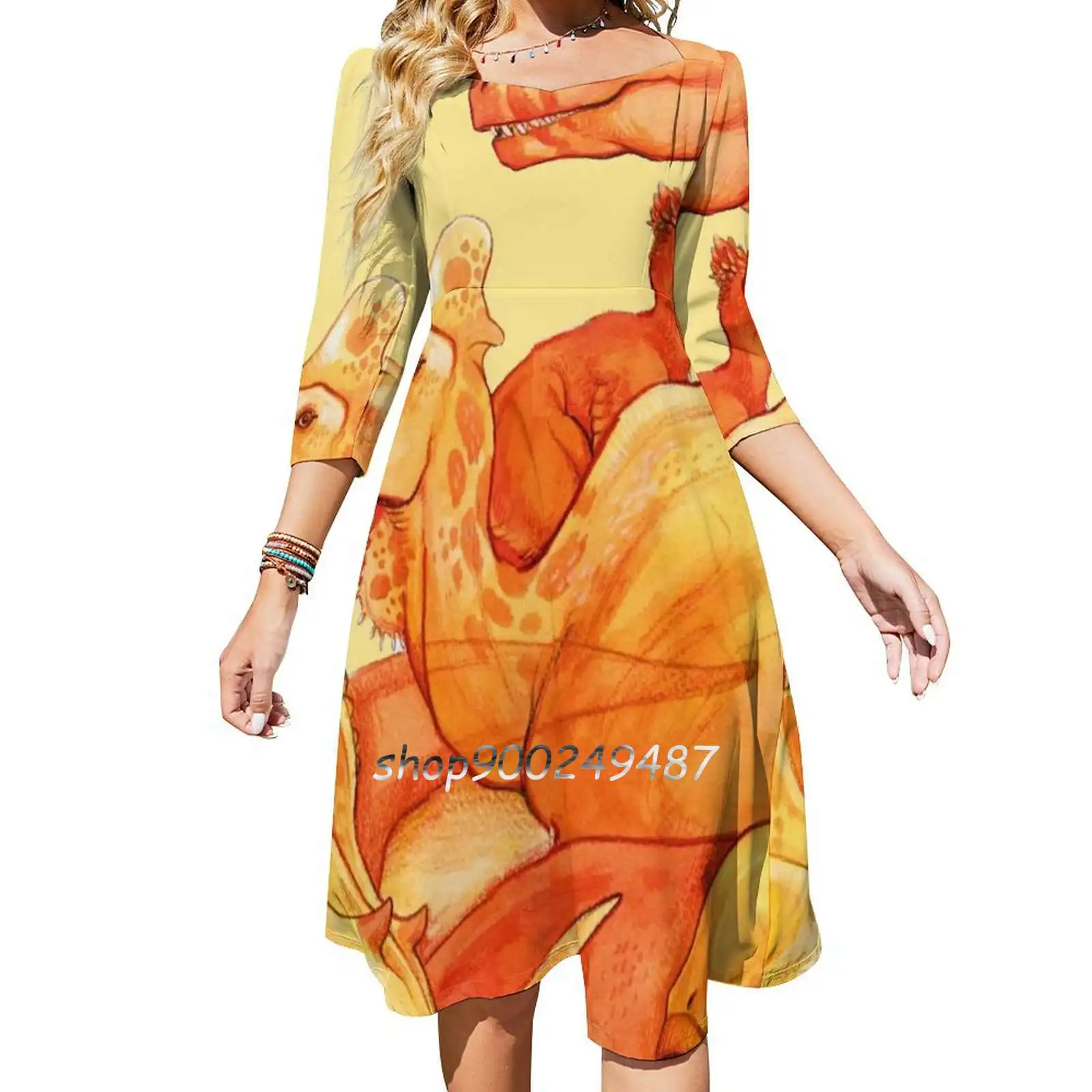 Cretaceous Congregation-Orange & Yellow Dinosaurs Slim Dress With Hollow Waist Autumn Winter Sexy Multiple Styles Dresseses