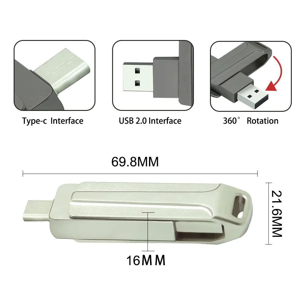 OTG tipo C USB Flash Drive, Pen Drive, Pendrive, Corrente chave de metal, 128GB, 64GB, 32GB, 16GB, 8GB, 4GB