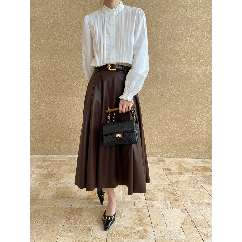 Francês vintage madeira orelha colarinho camisa feminina moda branco doce manga bolha coreia chique elegante básico escritório senhora blusa