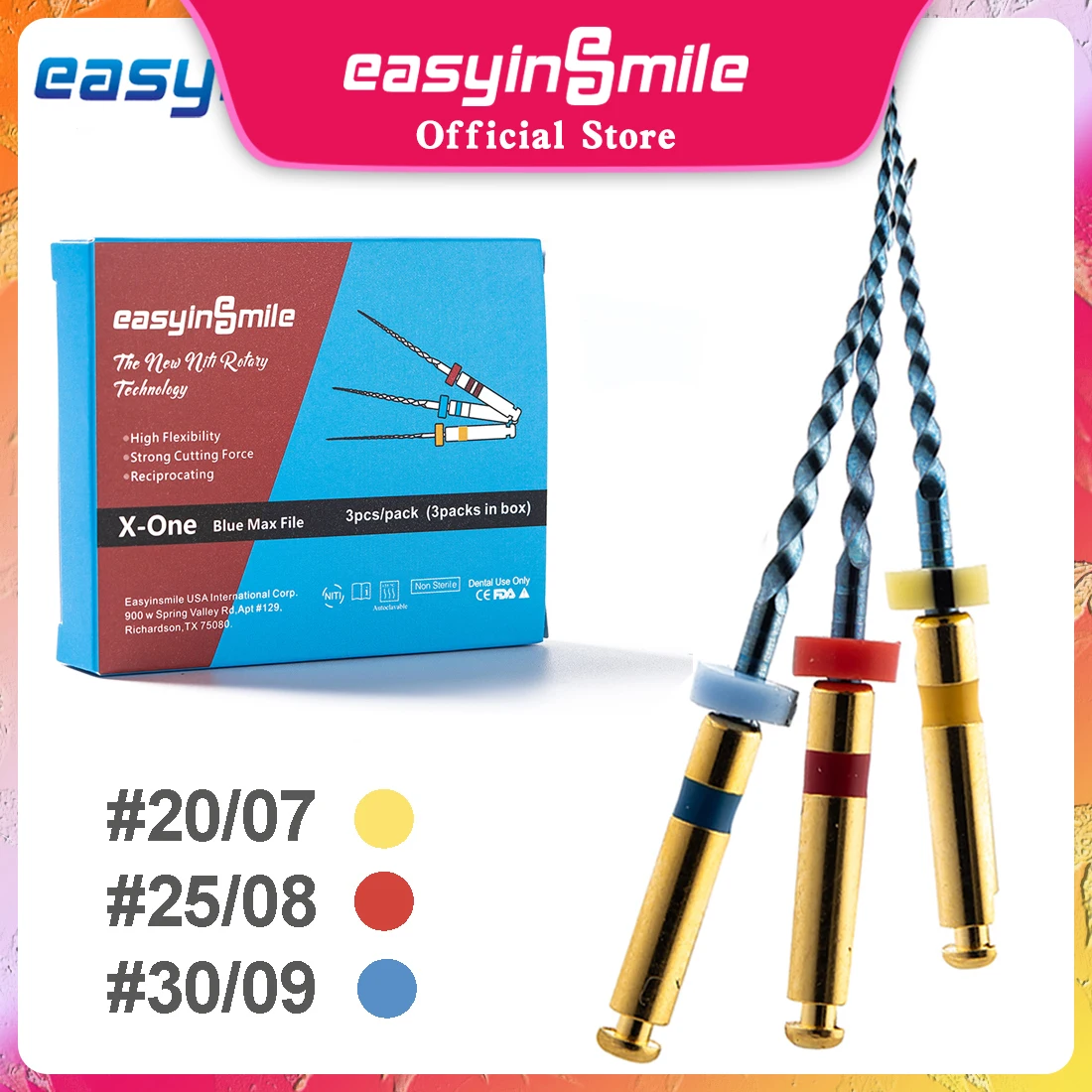 EASYINSMILE X-ONE Endodontic Reciprocating NITI Rotary Files 25MM Dental Endo Blue Max Autoclavable Engine File Tips 3Files/pack