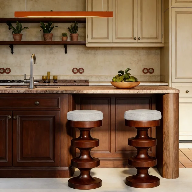 Solid wood walnut island table dining table chairs French retro bar bar chairs Home dining room high chairs