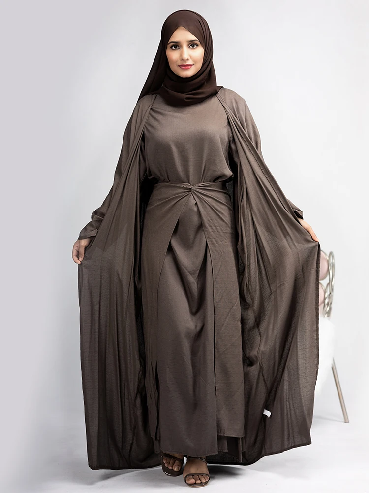 Imagem -02 - Abaya Conjunto para Mulher Muçulmana Conjunto de Peças Manga Quimono Vestido Envoltório Saia Ramadã Eid Islã Dubai Combinando Roupa