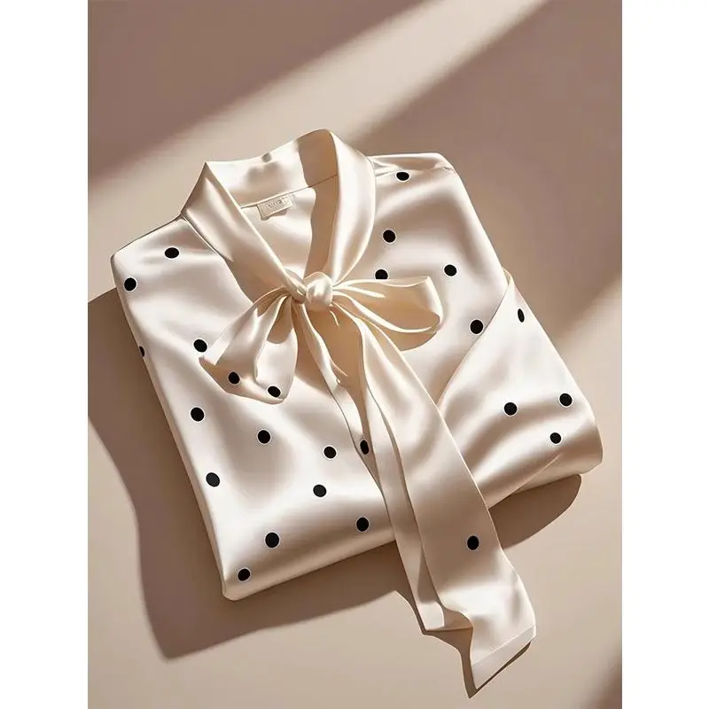 Satijnen Polka Dot Print Shirt Office Lady Business Casual Elegant Chic Blouse Dames Hoge kwaliteit Lace-up Bow Lange mouw Losse top
