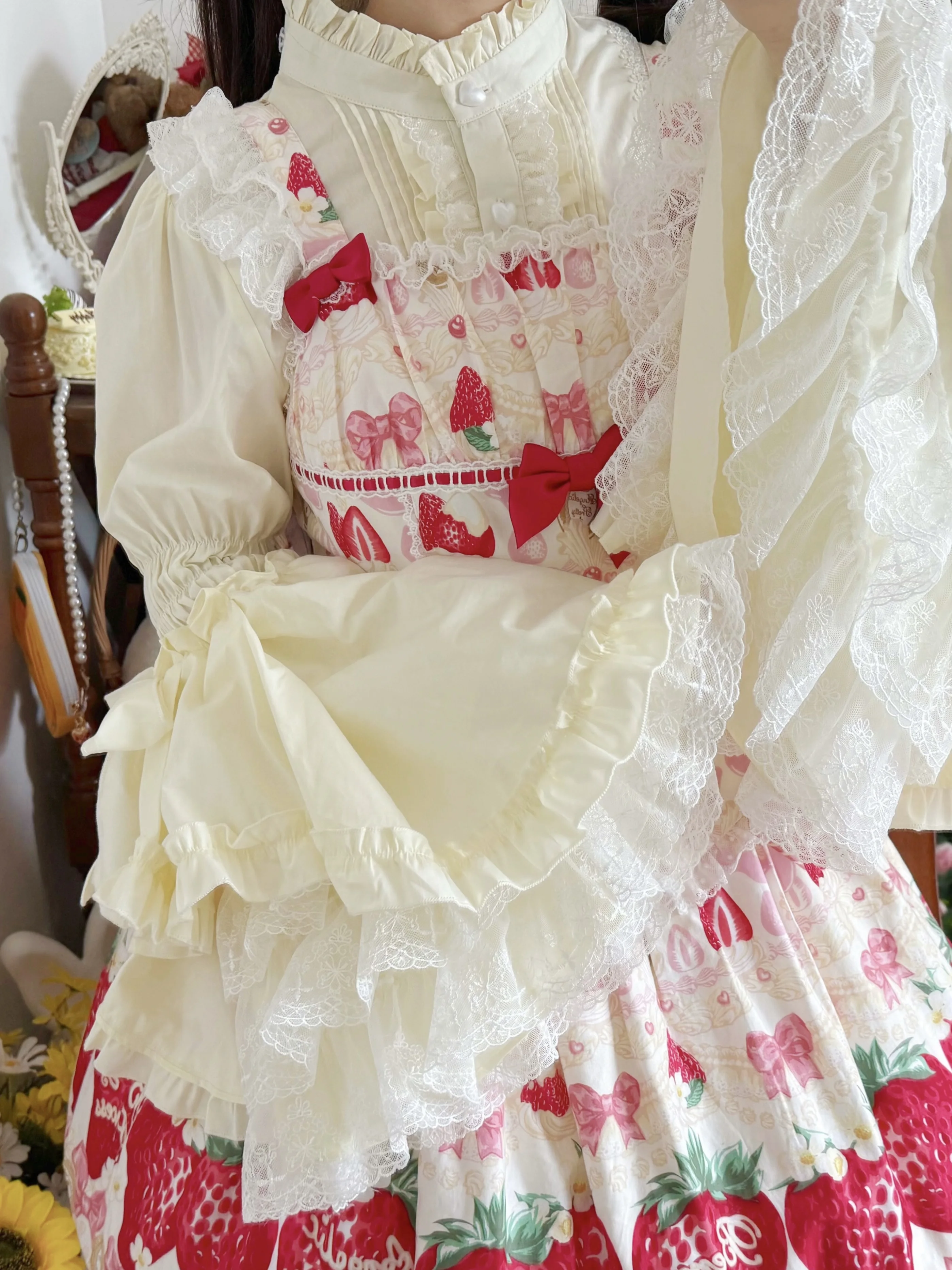 Elegant Sweet Lolita Stand Collar Cute Flare Sleeve Solid Color Versatile Shirt Girl Long Sleeve Lace Ruffles Heavy Industry Top