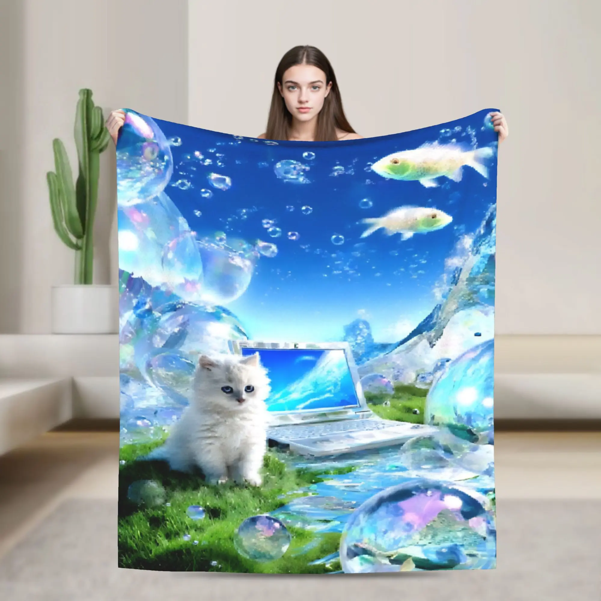 Computer Cat Knitted Blanket Fleece Frutiger Aero Lightweight Thin Throw Blanket for Outdoor Travel Bed Rug