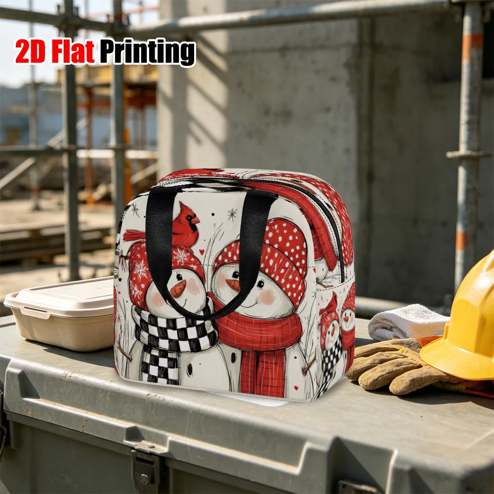 2D Flat, 1pc Christmas Snowman Cardinal Duo Pattern Insulated Bento Bag, Non-Food Contact, Aluminum Foil Lined Multi-functional