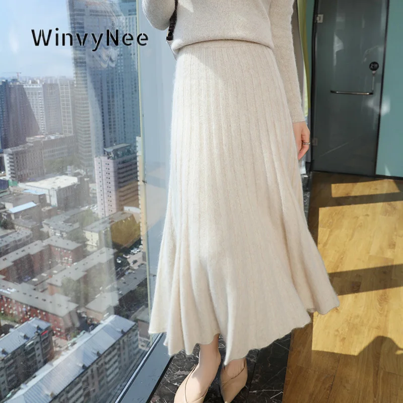 WinvyNee Women Swing Midi Skirt Mink Cashmere Stretch Band Soft Touch Brushed Fabric Street Vibe Party Attire Daily Fit E1248056