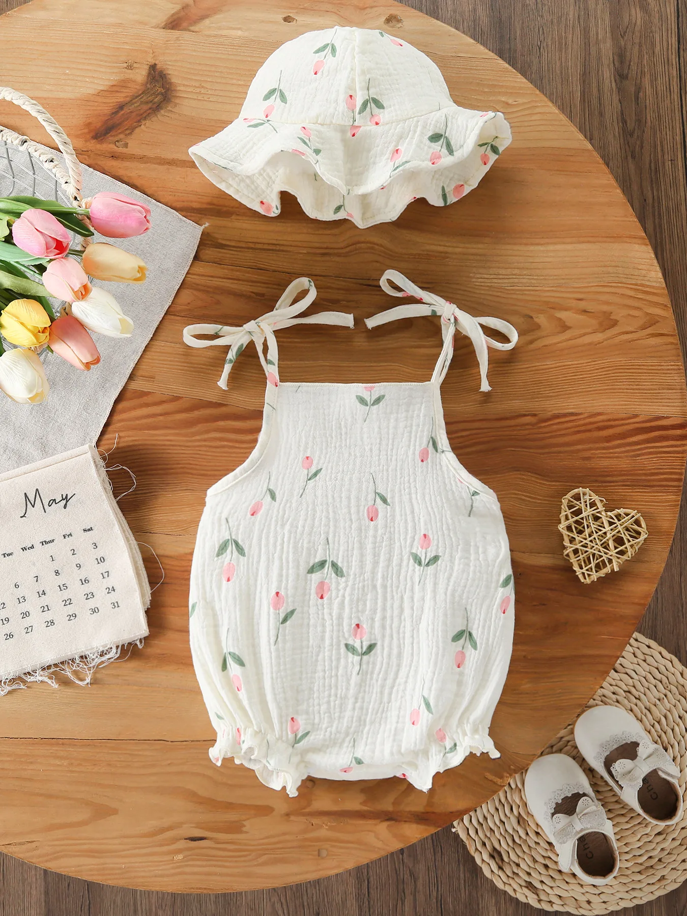 Tulip Print Toddler Girl Summer Bodysuit Korean Style Adjustable Tie Straps Cotton Breathable Onesie Romper