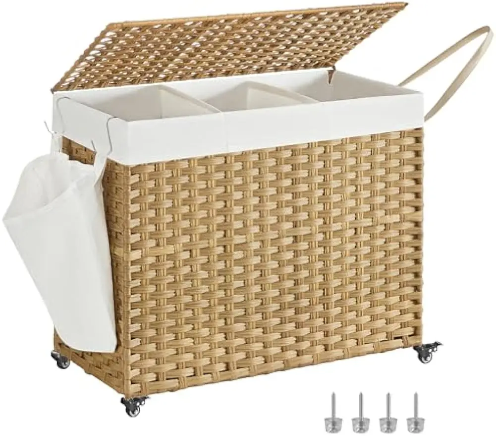 

Большая корзина для белья на колесиках с крышкой, 3-секционный органайзер, съемный вкладыш и колесики для легкой сортировки и перемещения