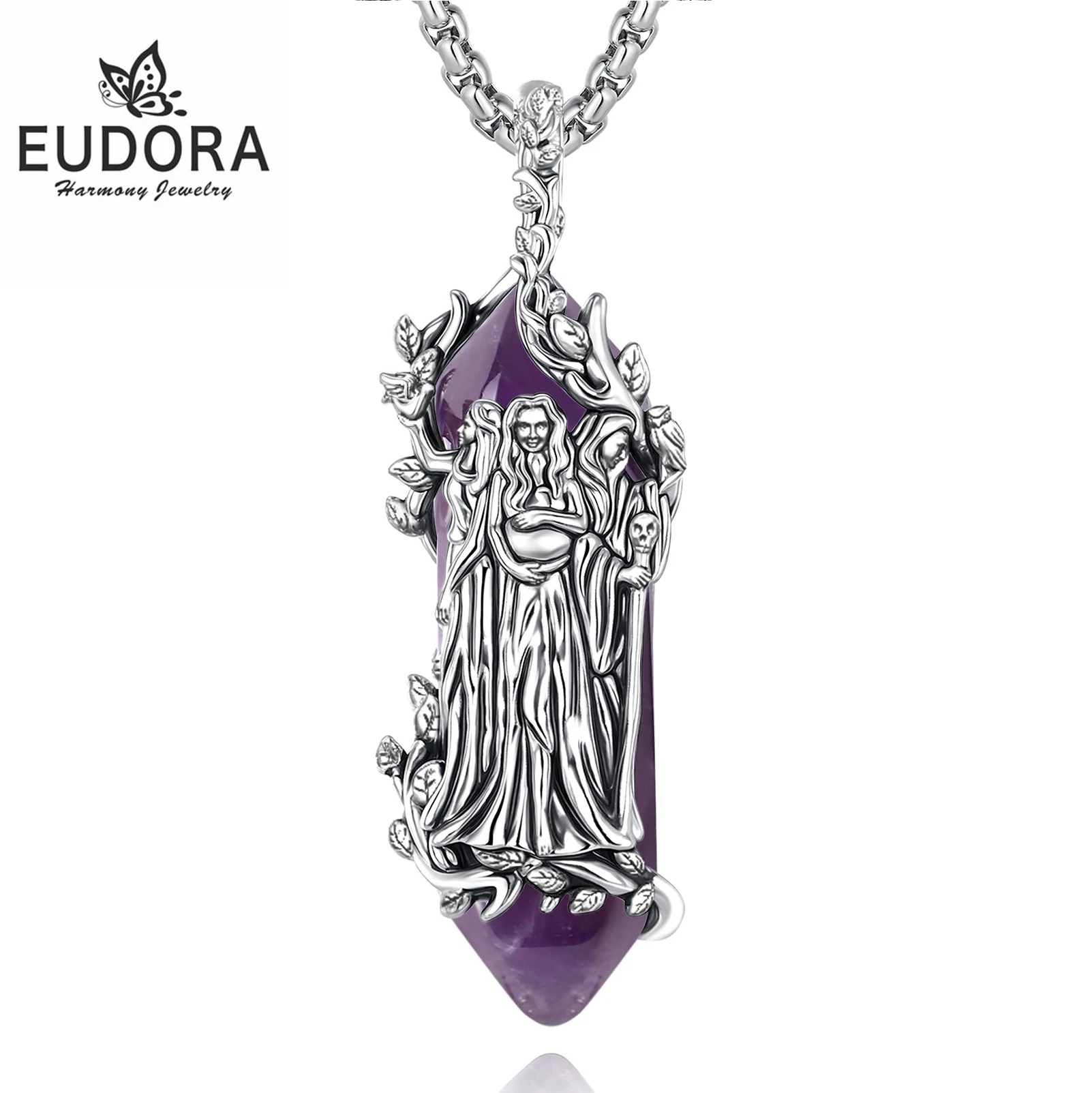 Ожерелье Eudora Triple Moon Goddess с натуральным аметистом, кулон-амулет с изображением Хекаты, лечебный камень, духовный подарок для женщин