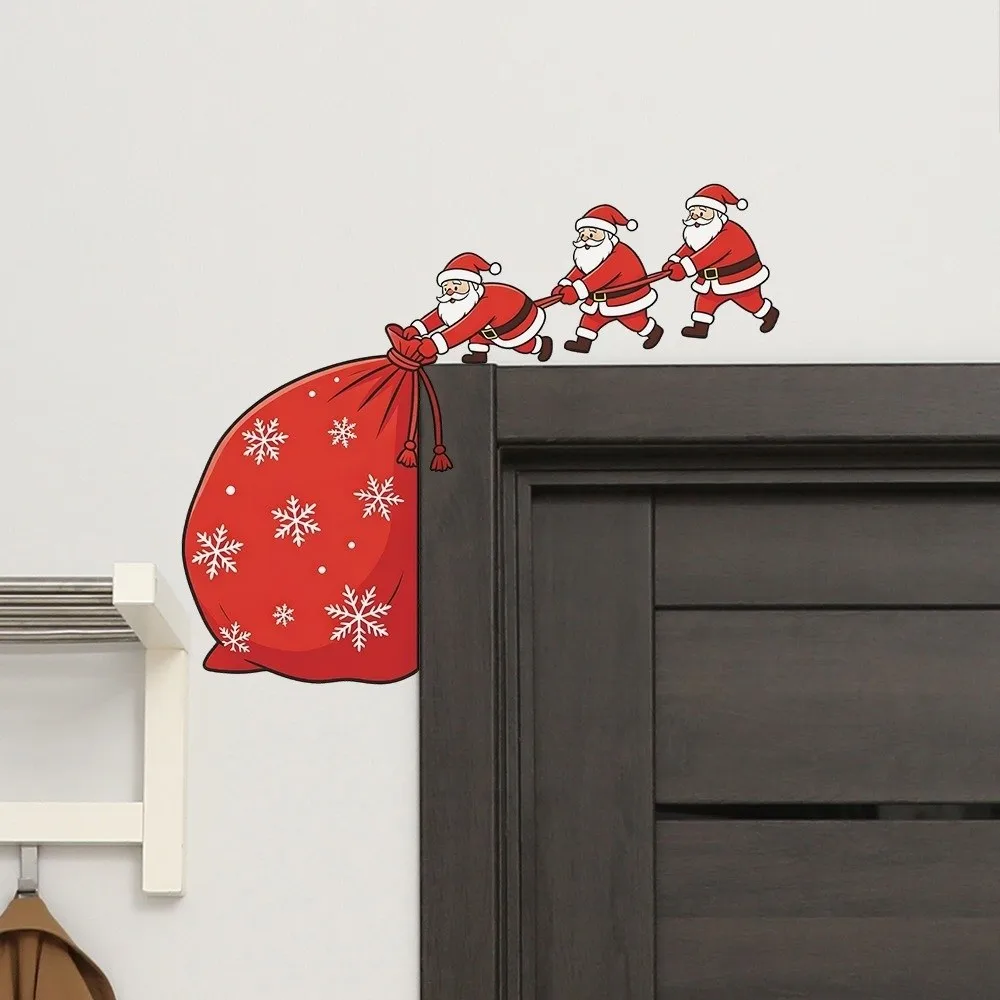 Funny Santa Claus Gift Bag Wall Decals Self-Adhesive PVC Christmas Pendants 2D Cartoon Pattern Door Frame Decor Christmas Party