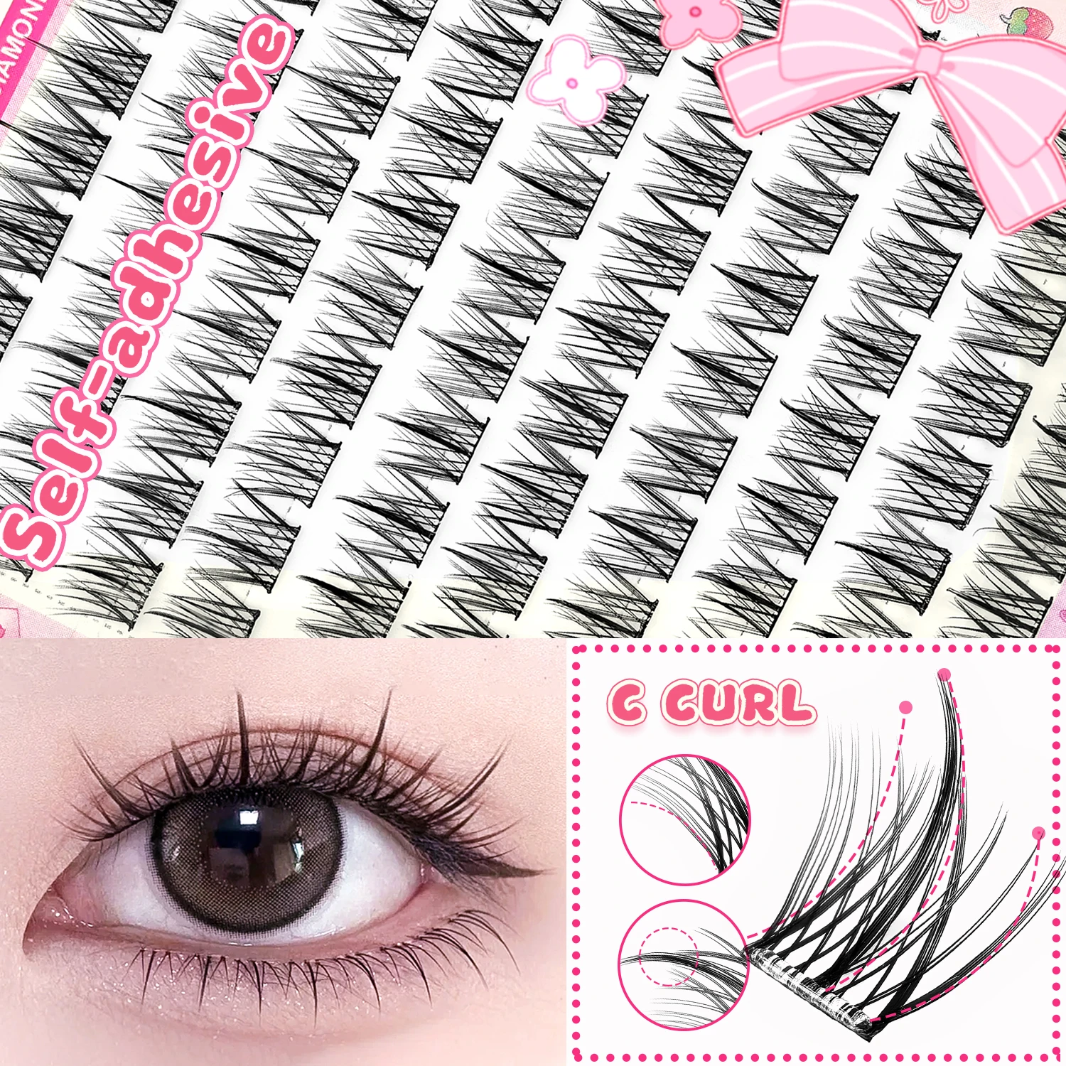 10列の大容量接着剤不要つけまつげ シングルクラスター 10-12MM Cカール ナチュラルセルフ接着つけまつげ