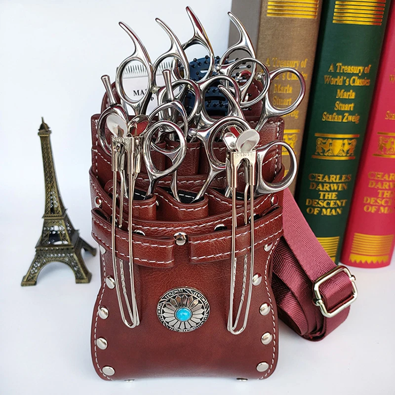 Hair Scissors Bag with Waist Shoulder Belt for Hairdressers Barber PU Leather Shears Hairdressing Tool Case Bag Holder