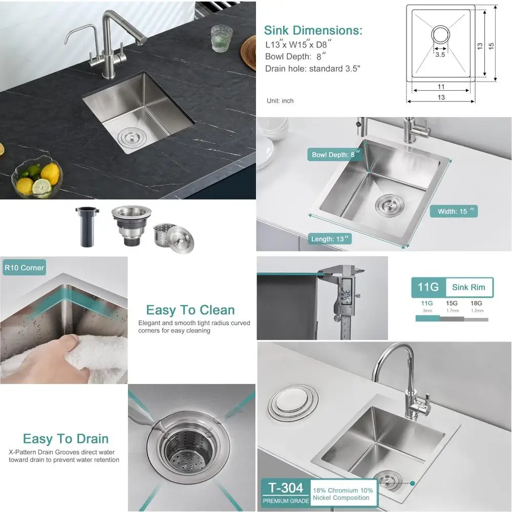 

Undermount Single Bowl Stainless Steel Bar Sink, 13x15x8 Inches, Handcrafted Kitchen Sink for Prep Area