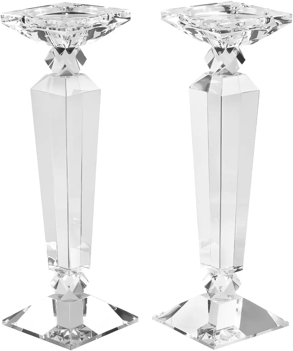 

Set of 2 Crystal Candle Holders - 12in Tall Elegant Taper/Pillar Stands for Home Decor, Wedding Centerpiece
