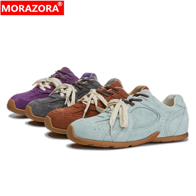 MORAZORA Ins mode vache daim cuir femmes baskets de luxe plat baskets à lacets marron bleu chaussure