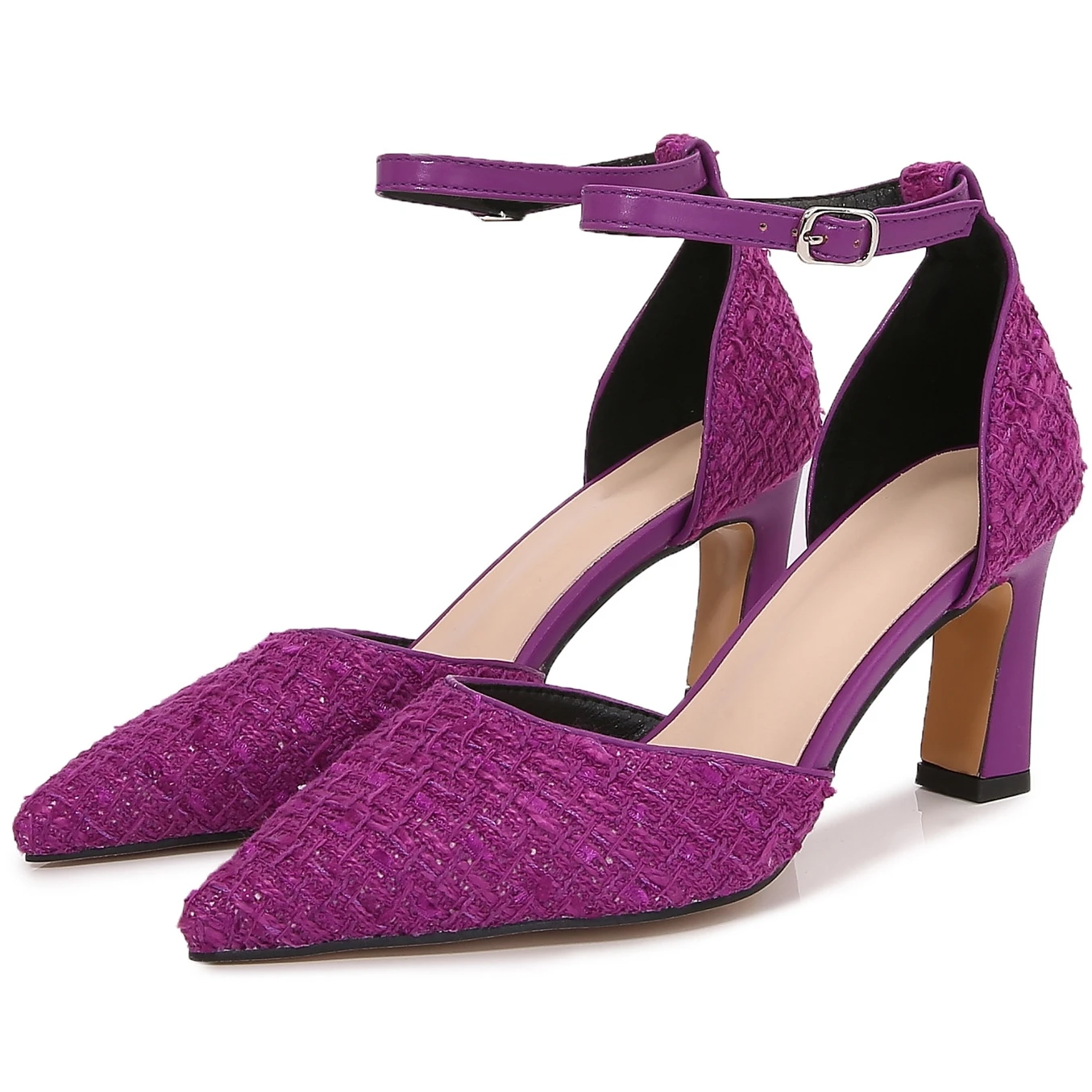 

Big Size Black Professional Thick High Heels For Women Pointed Toe 2025 New Style Ankle Strap Shoes Summer Purple Sandals E0010