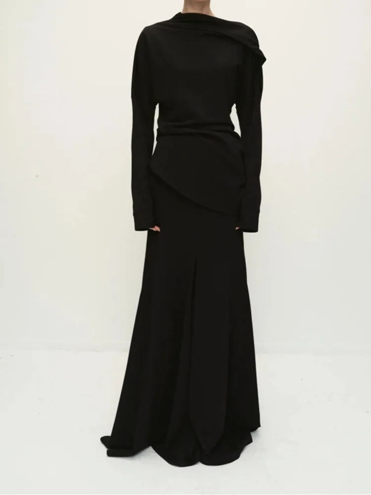 

2026 Spring New Women's Long Sleeve Asymmetric Slim Fit Sweater & Pleated Midi Skirt Set for Ladies