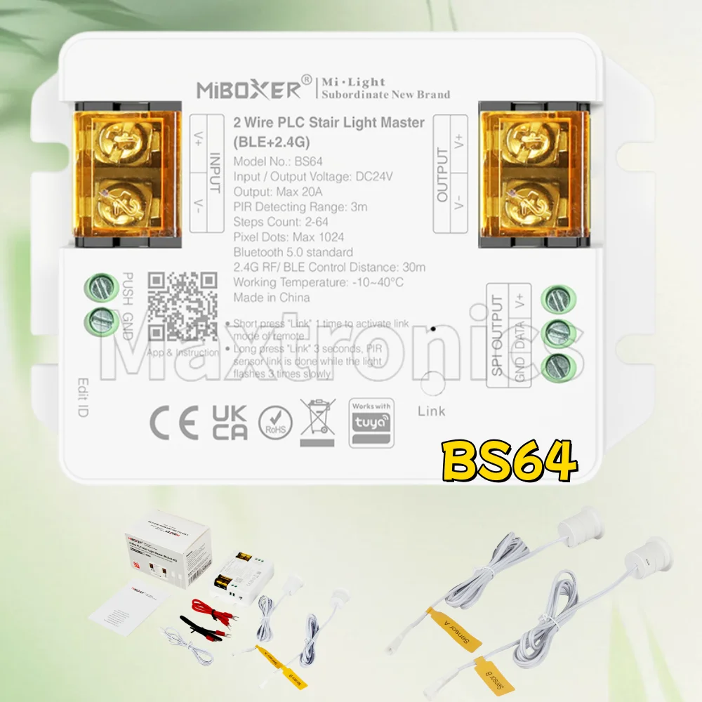 

2.4G Bluetooth BS64 2 Wire PLC Stair Light Master BLE Two-wire control Supports up to 64stairs SPI DC24V 480W 20A Tuya smart app