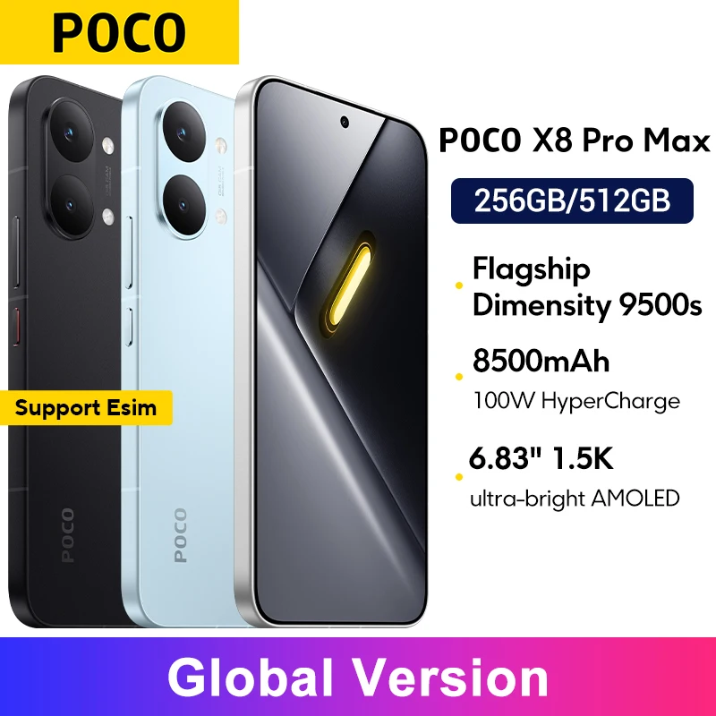 Versão Global POCO X8 Pro Max Smartphone com Bateria de 8500mAh, Dimensity 9500s, Tela AMOLED Ultra-Brilhante de 6.83'' 1.5K 120Hz