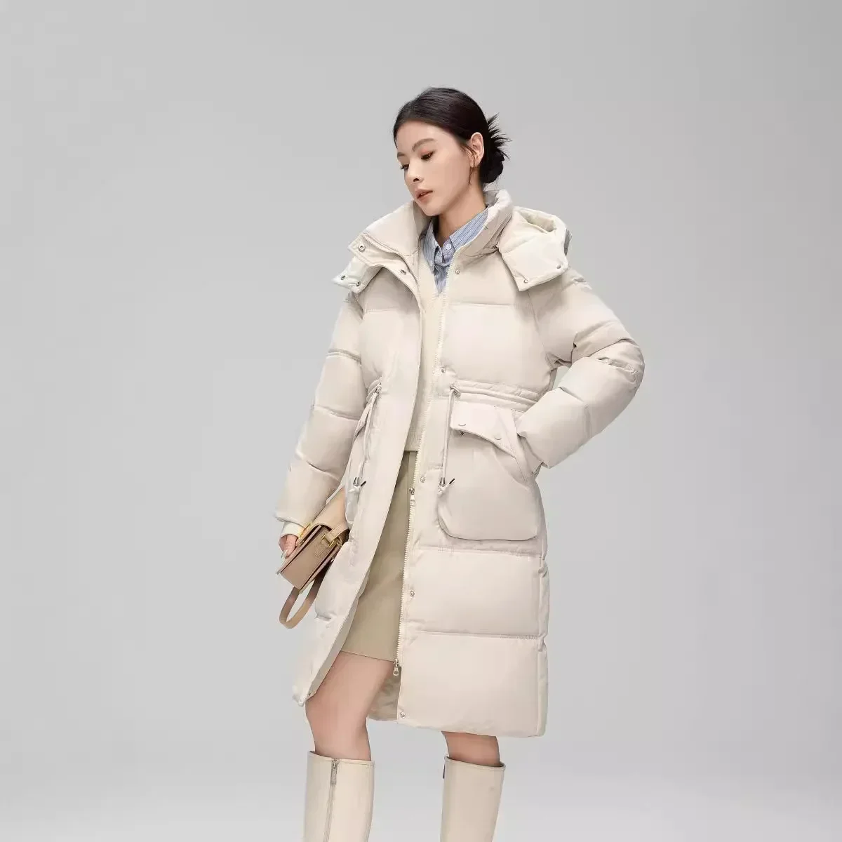 2024 Winter New Arrival Women's Parka Mid-Length Hooded Cotton Jacket Thickened Duck Down Coat Slim-fit Waistband