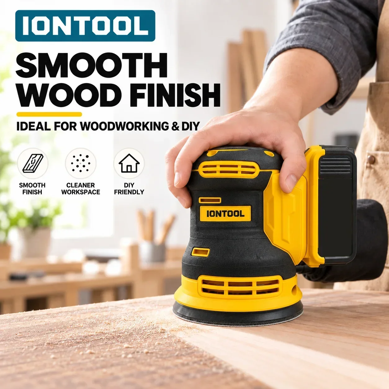 IONTOOL Brushless Yellow Cordless Sander 180mm For Home Wood Sanding and Door Polishing and Window Smoothing and Refinishing