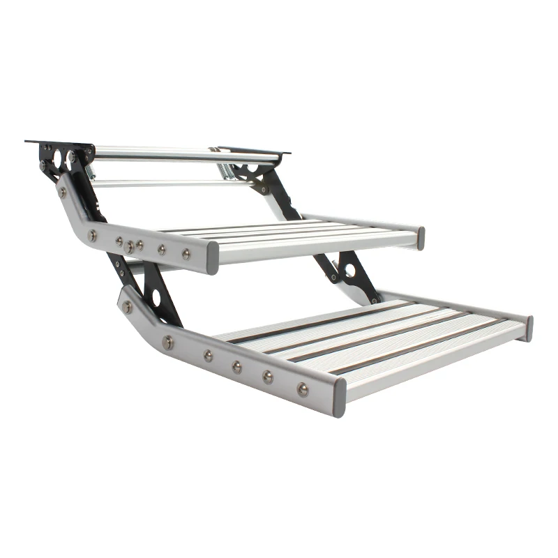 RV Camper Step With LED Light Aluminum Alloy Folding Manual Double Drop Down Step Non-Slip Steps Easy Installation