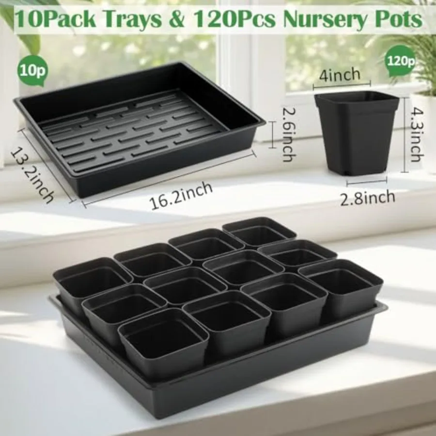 4 inch 10CM square nursery pots for seed starting, durable black plastic, stackable design with drainage holes, ideal for germi