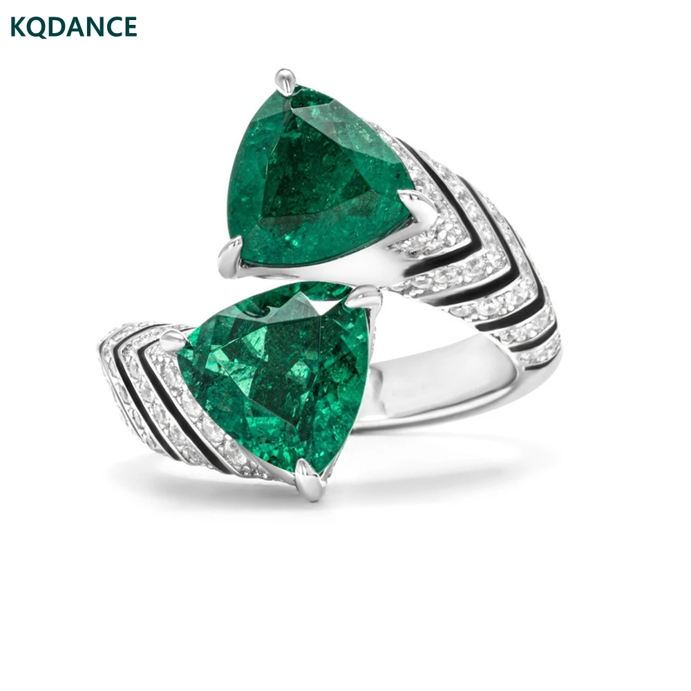 

KQDANCE Top 925 sterling silver Black Enamel Lab Emerald Gemstones High Carbon Diamond Open Rings With Green Stone Fine Jewelry