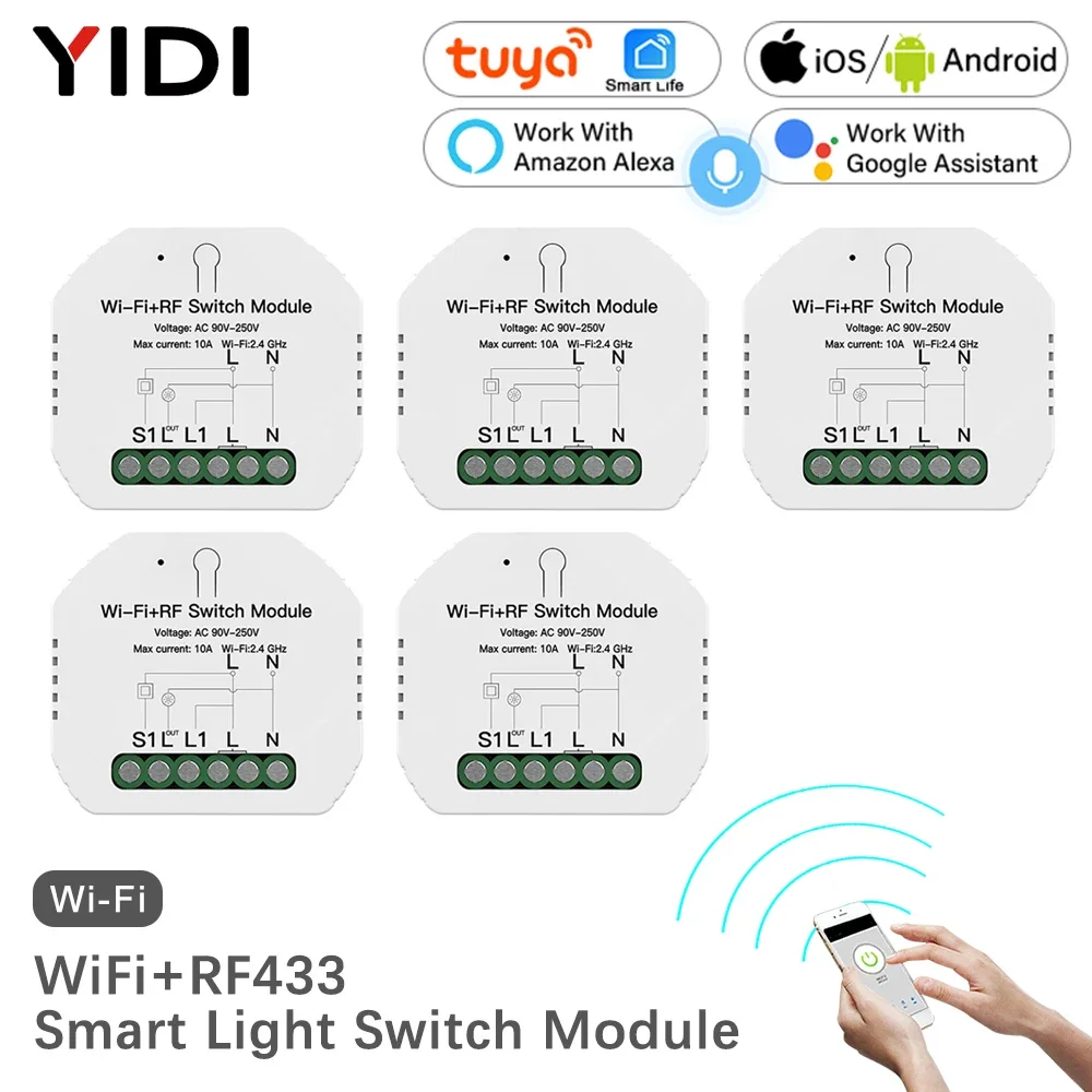 Mini DIY WiFi RF433 Smart Relay Switch Module, 1 Gang 1/2 Way Smart Life Tuya App Remote Control, Work with Alexa Google Home