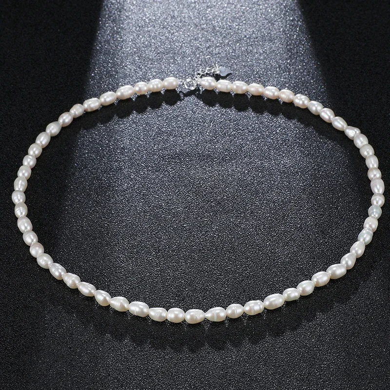 HENGSHENG Small Size 4.5-5.5mm Natural Freshwater White Pearl Necklace Rice Shape Fashion S925 Silver Jewelry for Women Girls