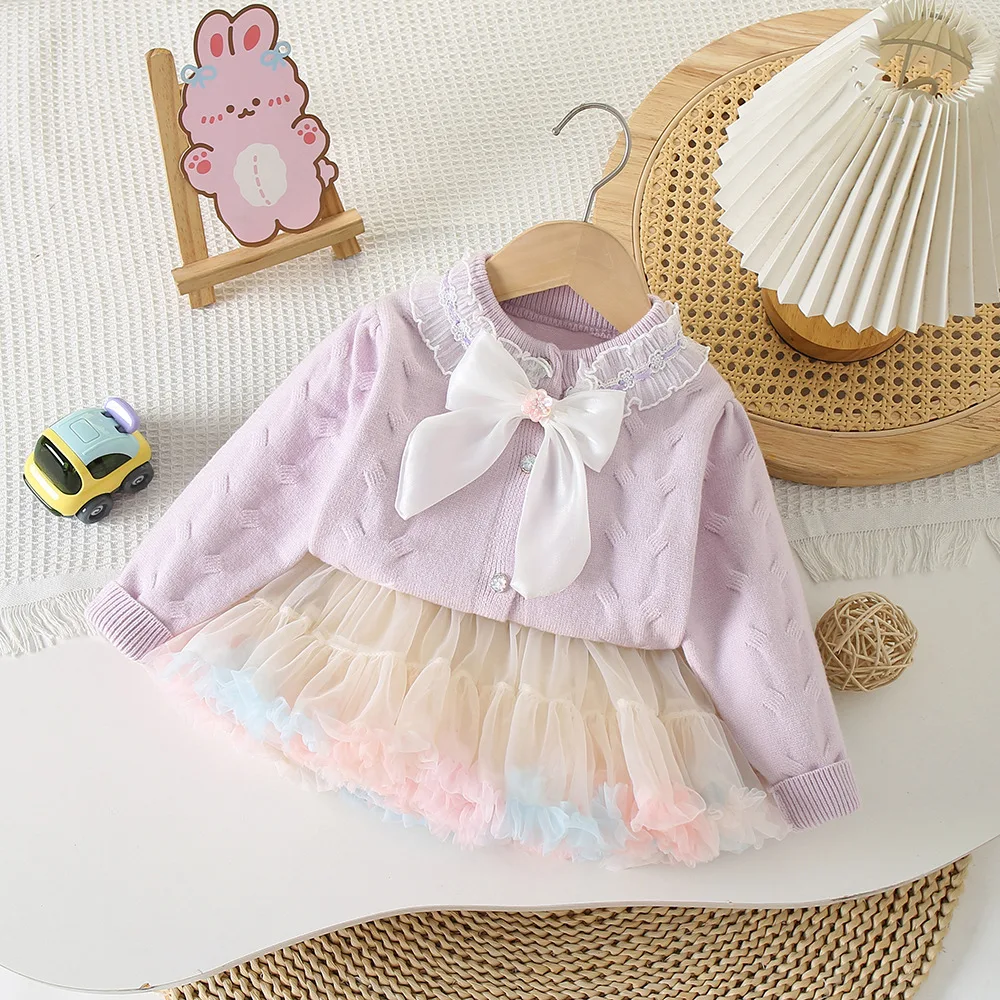 

Girls Knitted Clothes Sets Spring Autumn 2024 Children Woolen Jersey Sweaters Coats Skirts 2pcs Dress Suit For Baby Outfits Kids