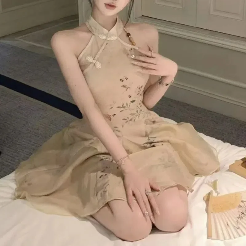 Femmes Style chinois Vintage Sexy licou sans manches Mini robe été col montant taille haute mince élégant robes de soirée robes