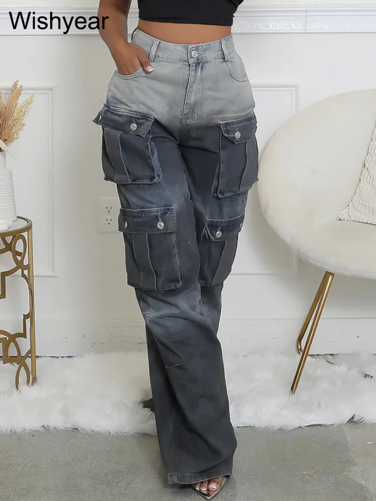 Pantaloni cargo a gamba larga in denim multitasche nero sfumato Pantaloni da fidanzato da strada con jeans larghi dritti a vita alta da donna