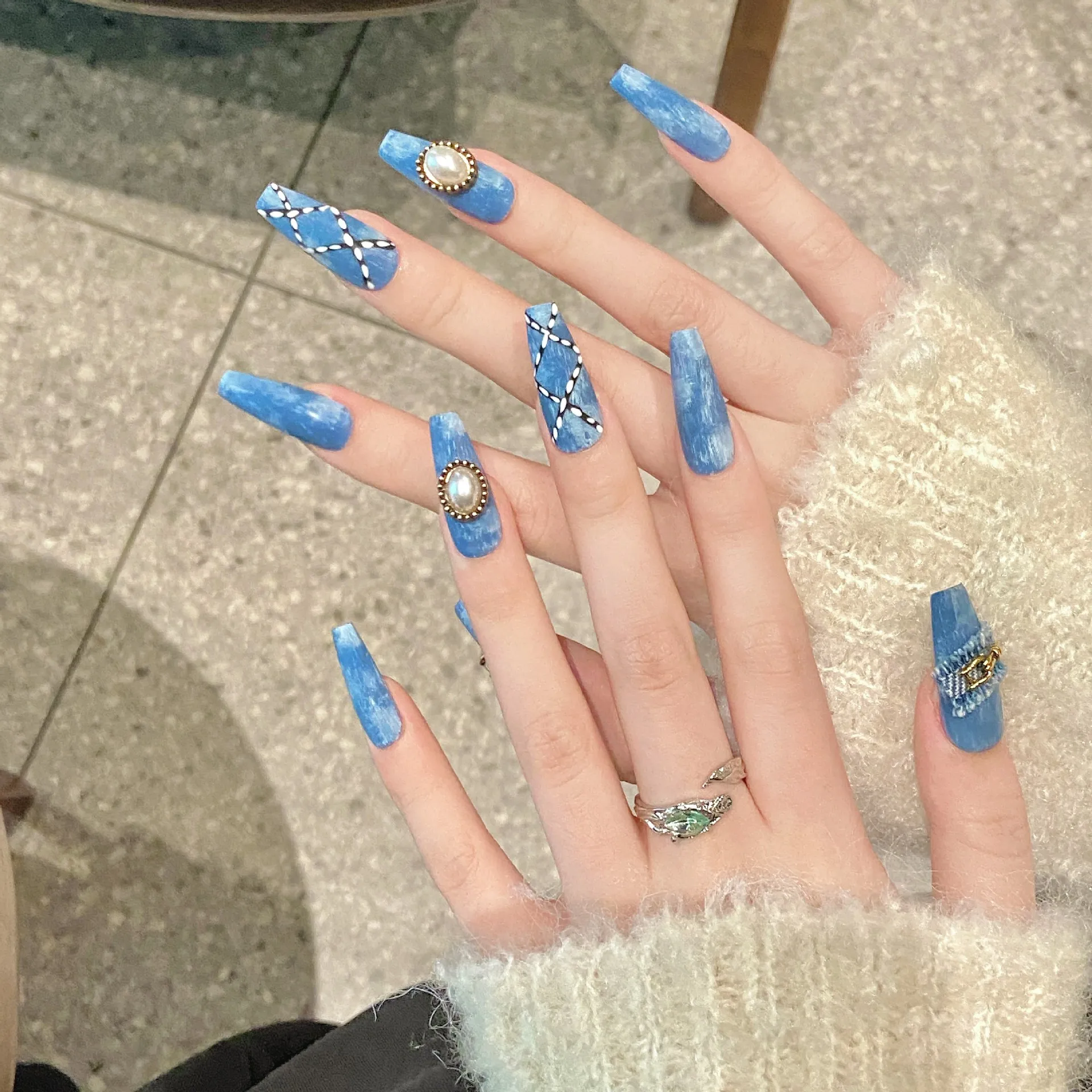 10 Pieces Blue Denim Press On Nails Handmade Denim Raw Edge Gold Snap Rope Pearls Fake Nail Patches Removable