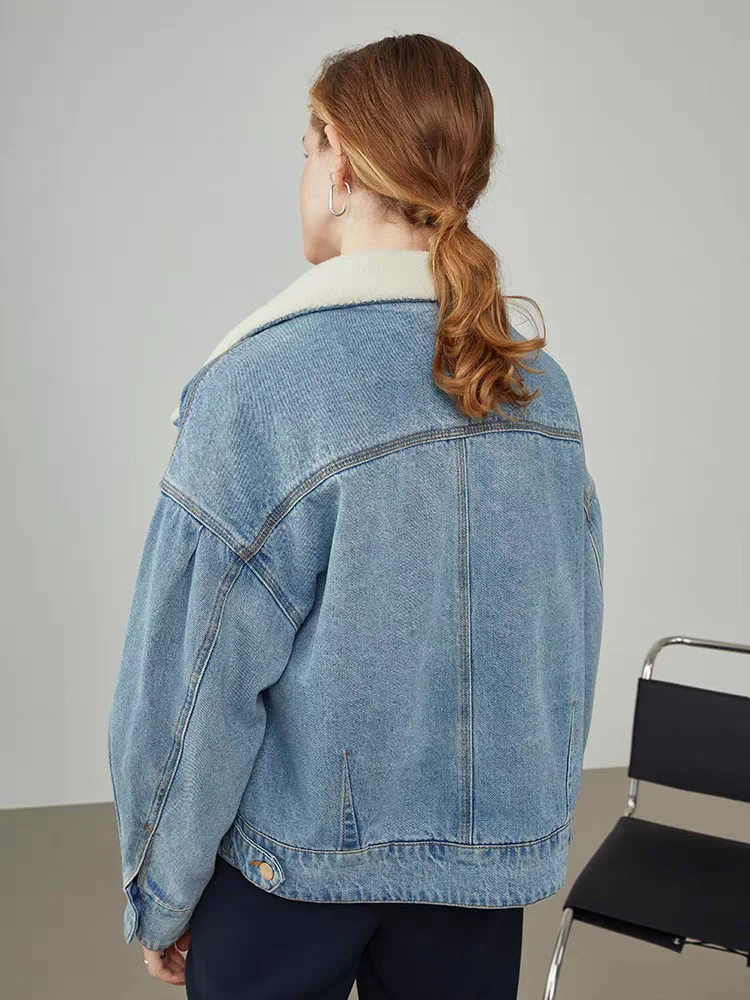 

Джинсовое пальто для женщин с хутряной толстовкой, плюшевое женское осеннее приталенное элегантное академическое стильное современное профессиональное быстросохнущее вельветовое пальто