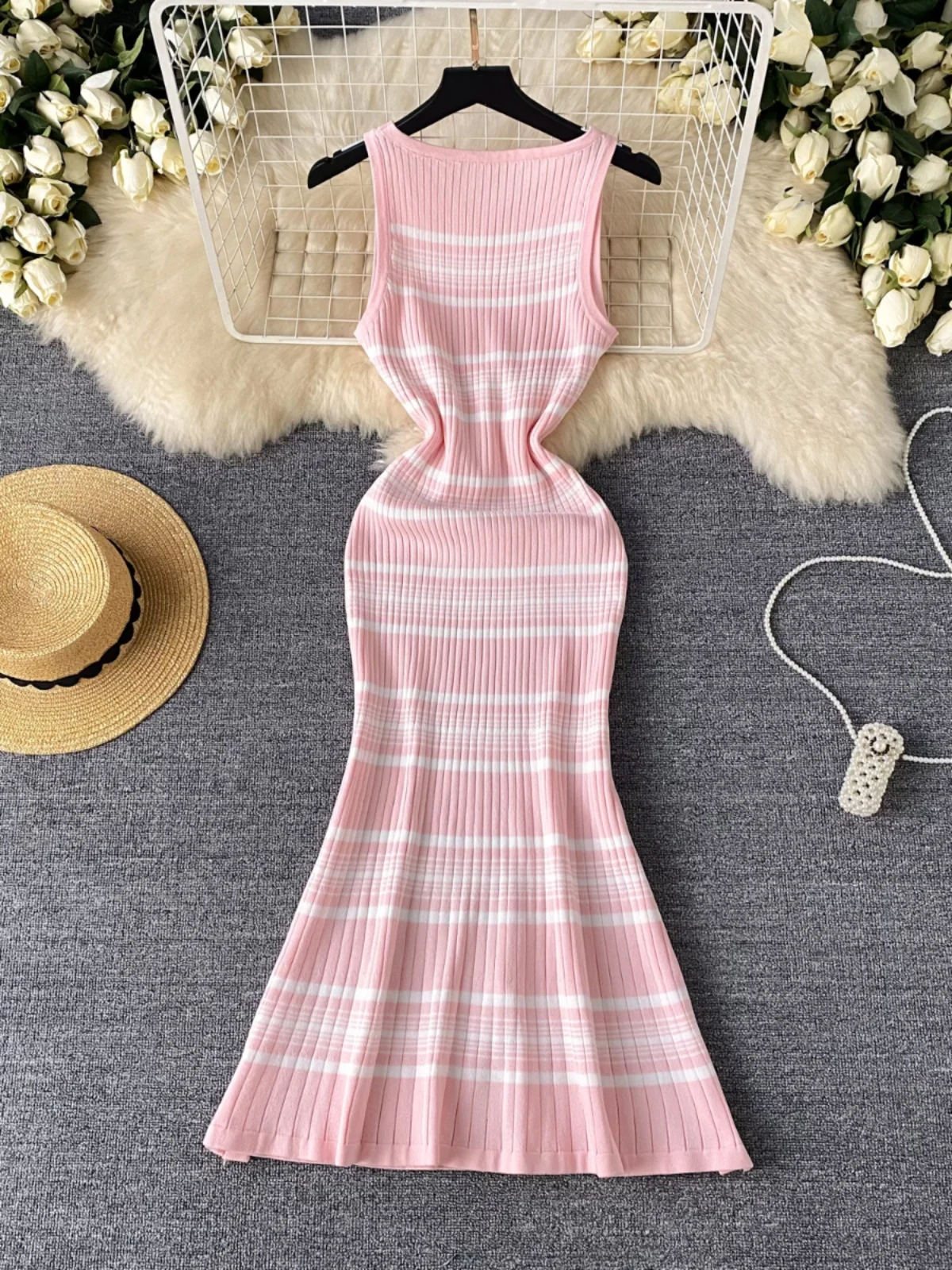 Foamlina-Robe Midi Rose à Rayures pour Femme, Tenue Chic, Col Rond, Coupe Cintrée, Gaine à Volants, Streetwear