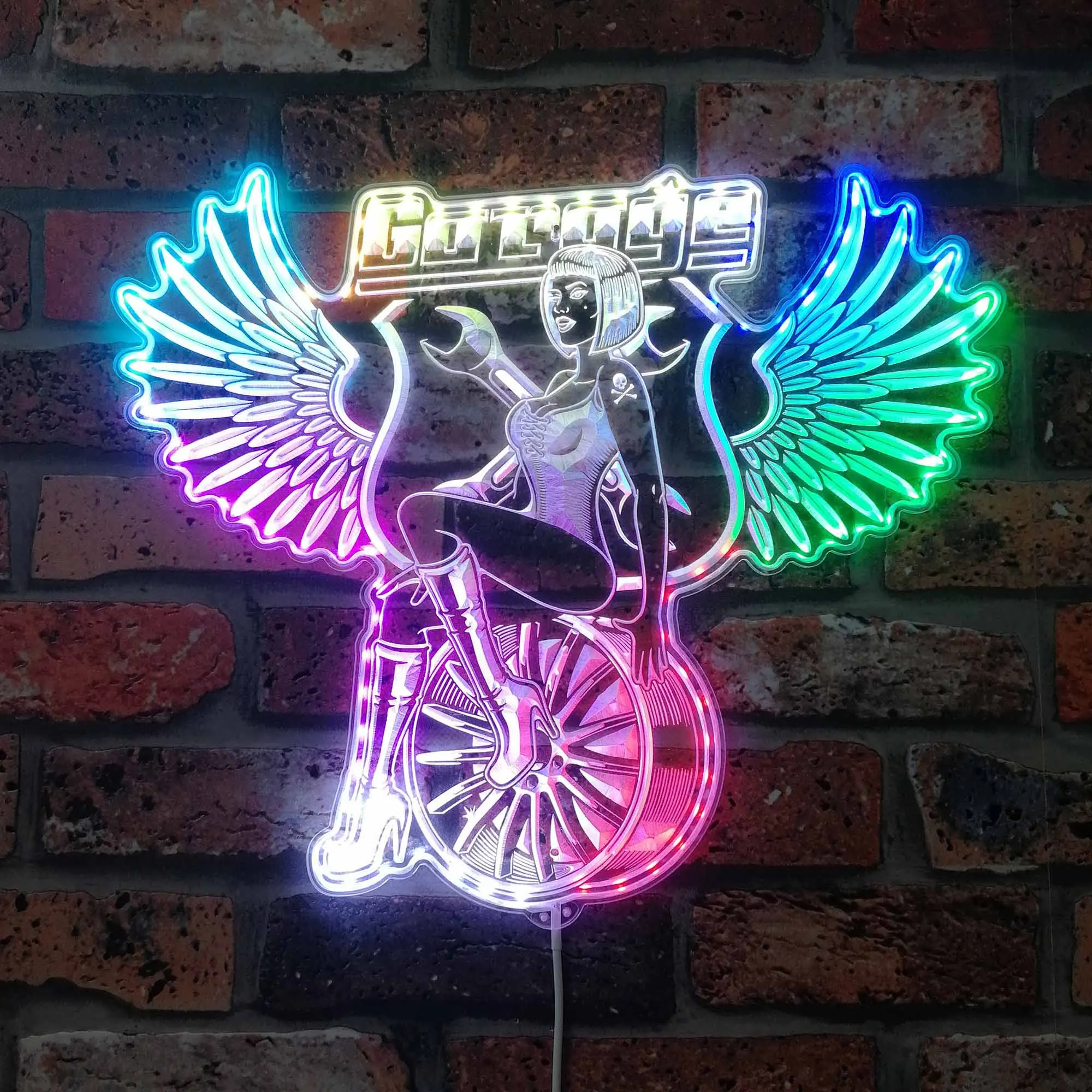 Sexy Wing Girl Sitting on Wheel Rim Pin Up RGB Dynamic Glam LED Sign st06-fnd-i0329