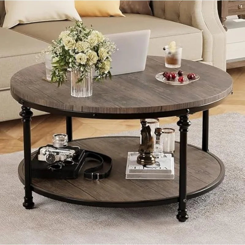 

Round Coffee Table for Living Room Rustic Center Table with Storage Shelf Wood Circle Coffee Table with Sturdy Metal Frame,