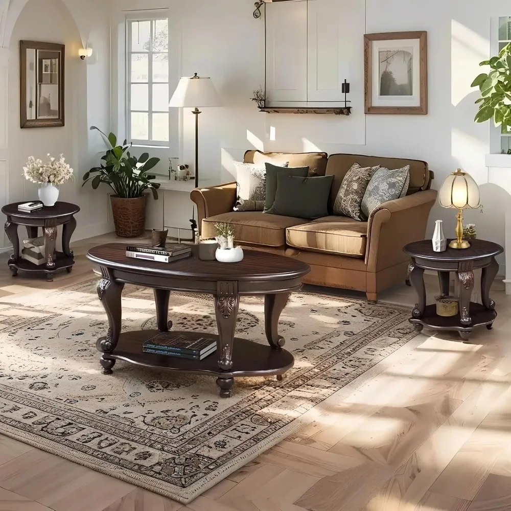 Elegancki owalny stolik kawowy z drewna espresso z miejscem do przechowywania i okrągły stolik pomocniczy do salonu w stylu farmhouse.