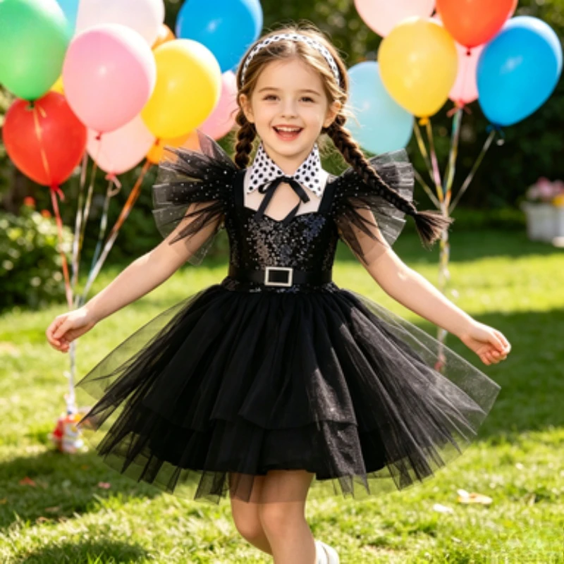 Black Halloween Dress for Little Girls, Outfit for Festival Stage Performances and Parties, Kids' Black Tulle Festival Party