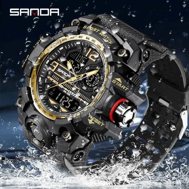 SANDA Brand G Style Men\'s Watches 50M Waterproof Outdoor Sports Military Quartz Watch For Male LED Digital Wristwatch Clock