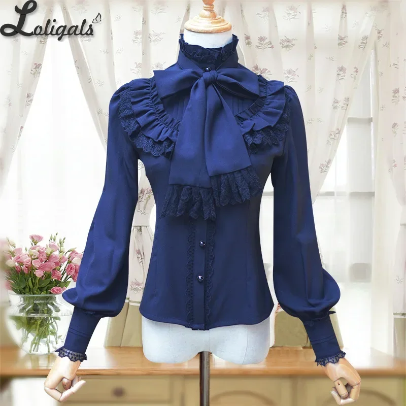 Vintage Women\'s Lolita Shirt Gothic Chiffon Ruffle Blouse Long Sleeve Blusas Black/White/Navy Blue/Burgundy