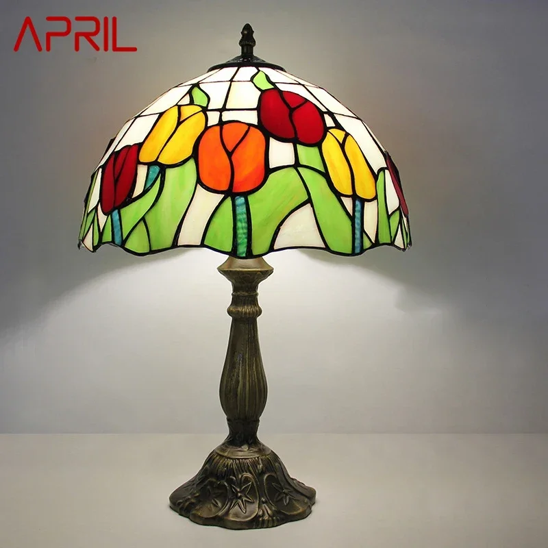 APRIL Tiffany Table Lamp LED Luxury Creativity Living Room Study Bedroom Bedside Lamp Villa Hotel Color Glass Desk Light