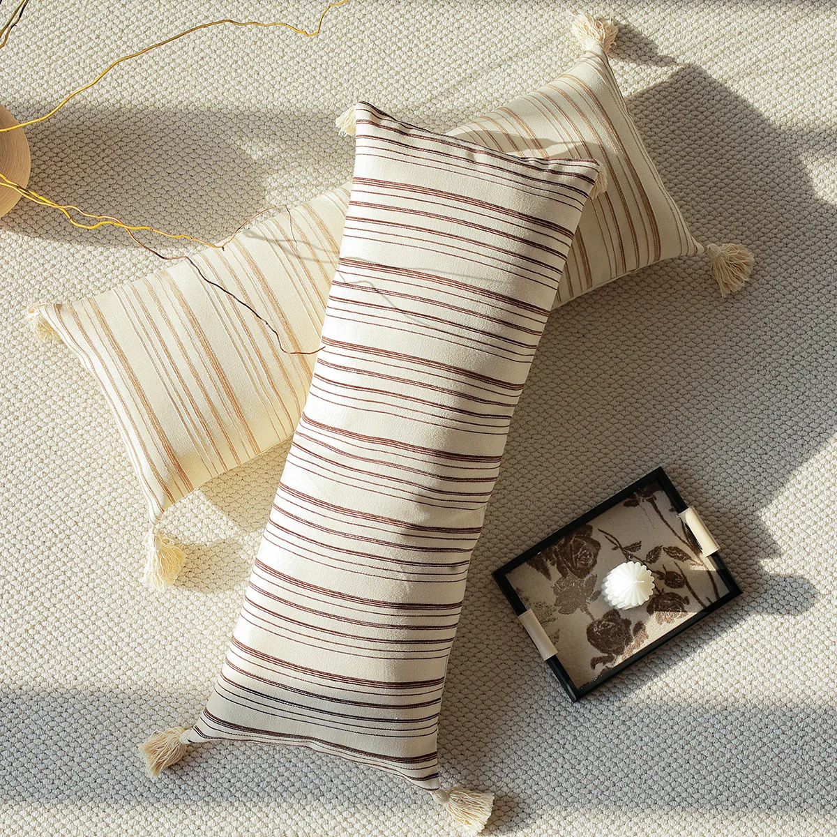 

35x90cm Long Leg Clamp Cushion Cover Striped Waist Cushion Case with Tassels Throw Pillow Covers for Sofa Couch Home Decor