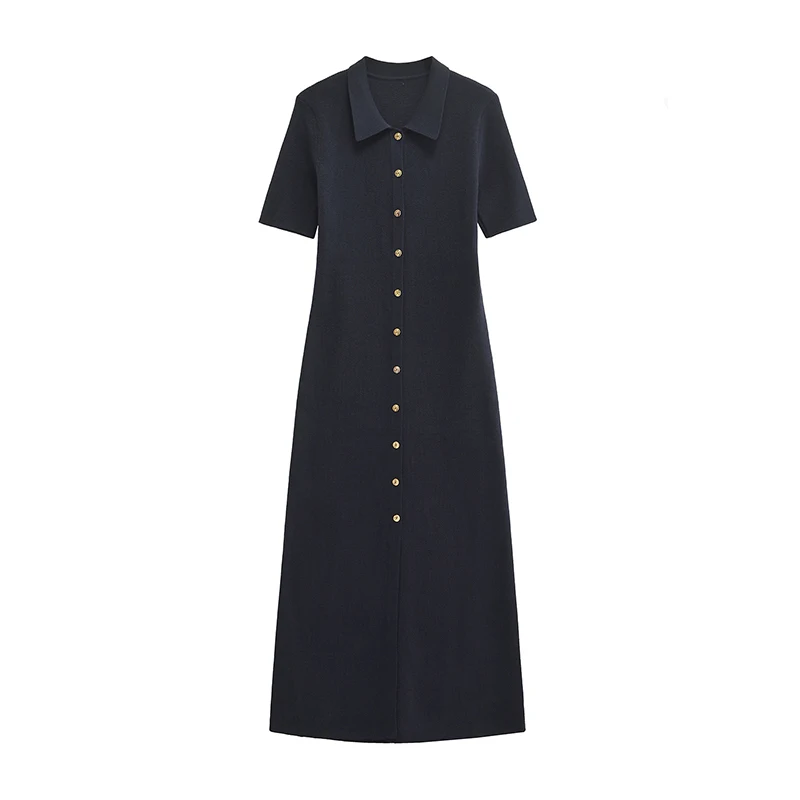 YENKYE Women Navy Blue Front Buttoned Knit Midi Dresses Short Sleeve Lapel Collar Slim Fitted Autumn Dresses Bodycon Vestidos