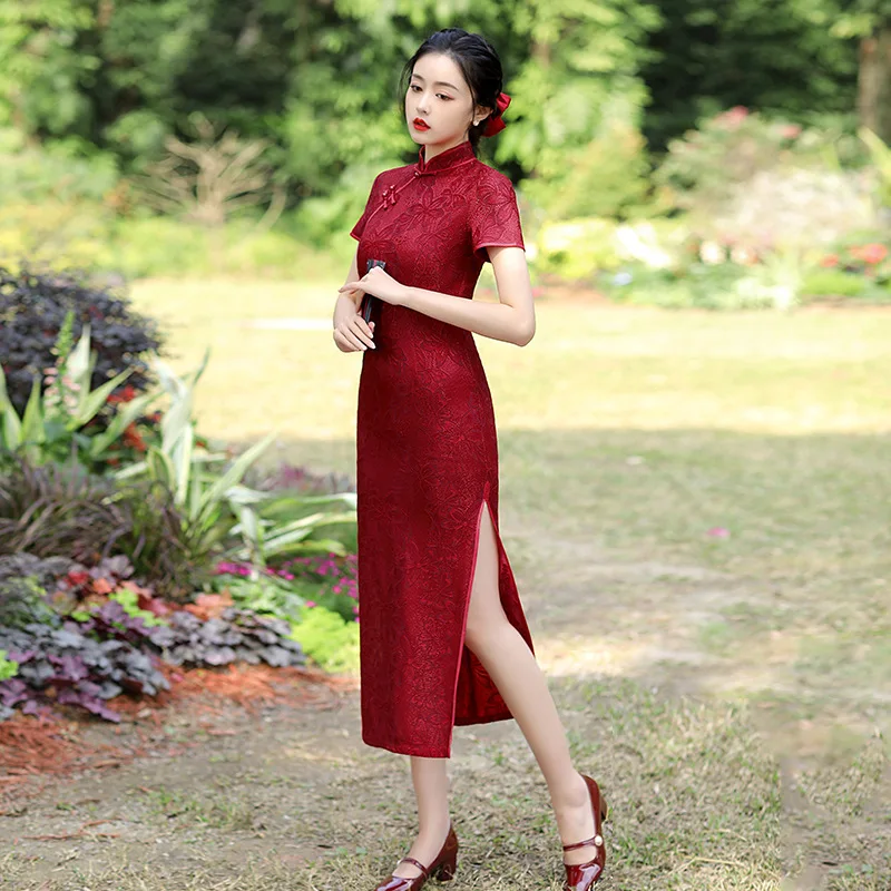 

Yourqipao Summer 2023 Lace Long Cheongsam Red Stand Collar Qipao Toast Clothing Chinese Style Wedding Evening Dress for Women